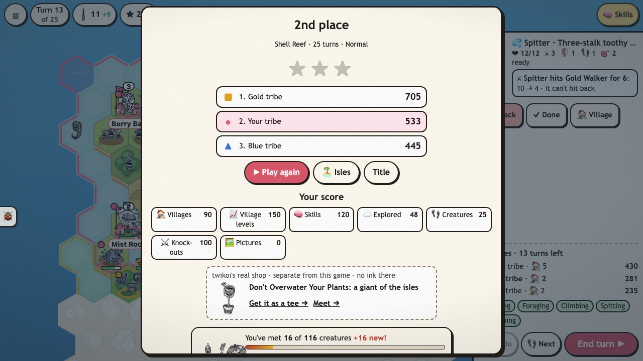 Creep Isles: the end of a game, the tribes ranked by score, the isle's stars and a new picture by twikoi