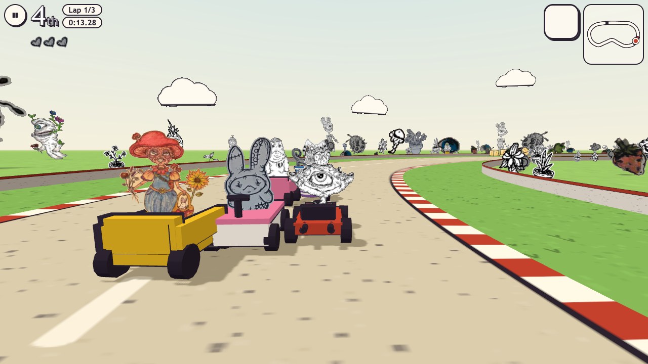 Creep Kart: karts driven by her creatures racing down the Garden Loop between her drawings