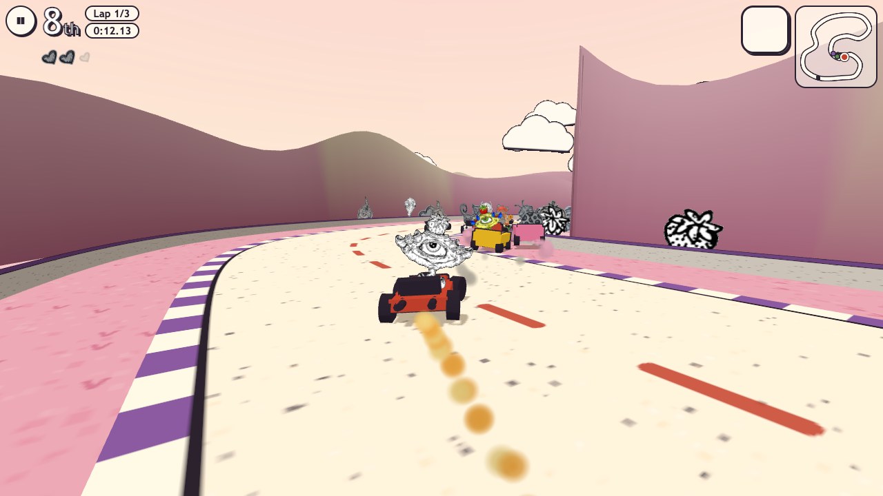 Creep Kart: karts racing through the pink cliffs of Candy Canyon