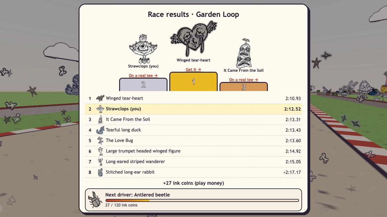 Creep Kart: the results podium with the top three creatures and links to meet them