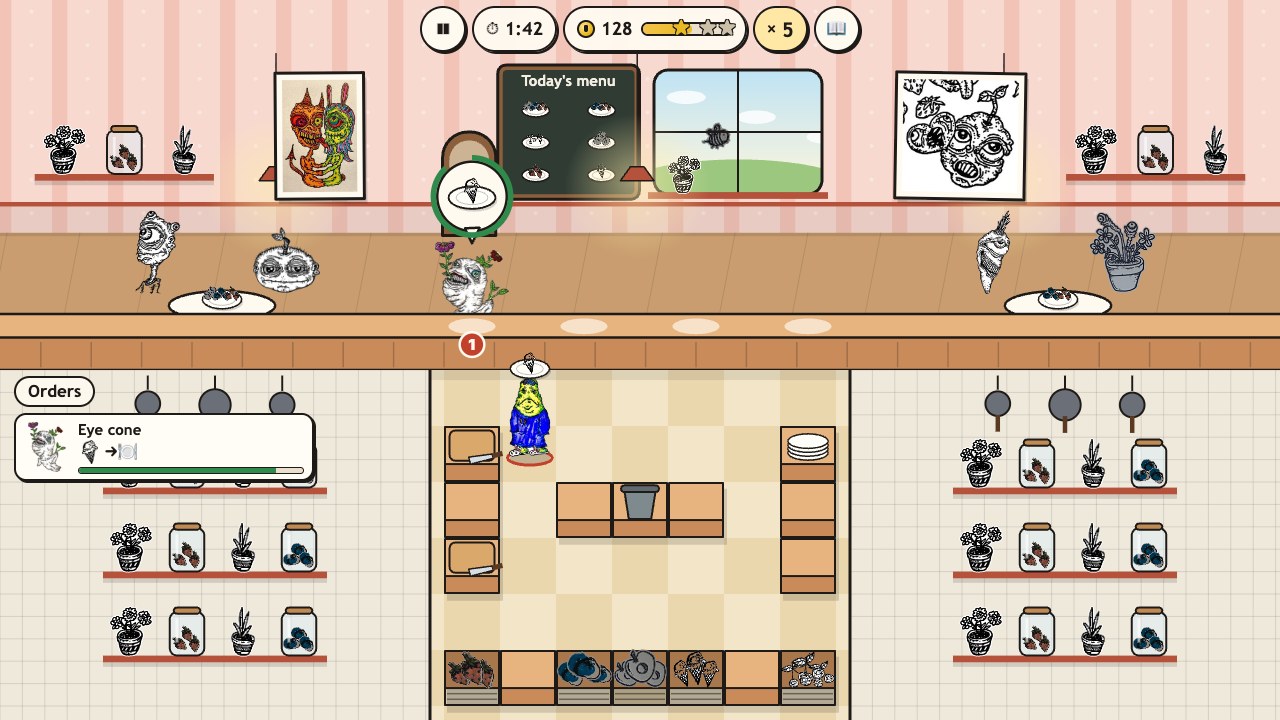 Creep Kitchen: the Strawberry Stand, her creatures at the counter with order bubbles while the cook chops strawberries
