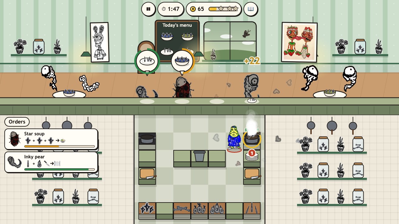Creep Kitchen: the Ink Soup Kitchen, a pot of star soup steaming while orders for star soup and inky pear wait