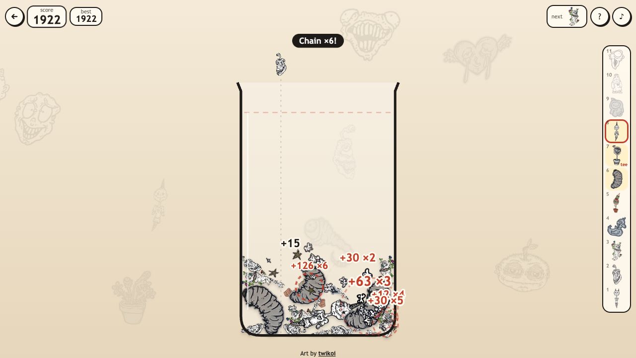 Creep Merge: a jar with merging creatures, score pop-ups and a chain ×6 badge, the creature ladder on the right