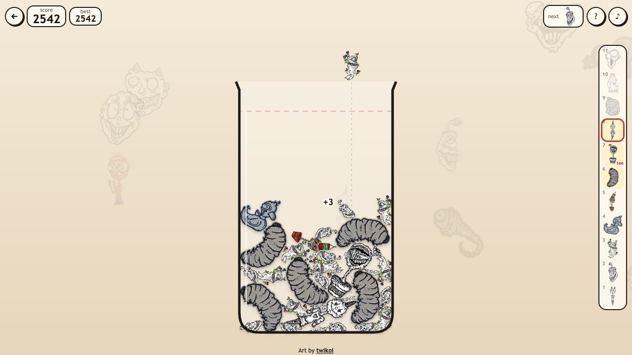 Creep Merge: a nearly full jar of big curled grubs and other creatures under the dashed line