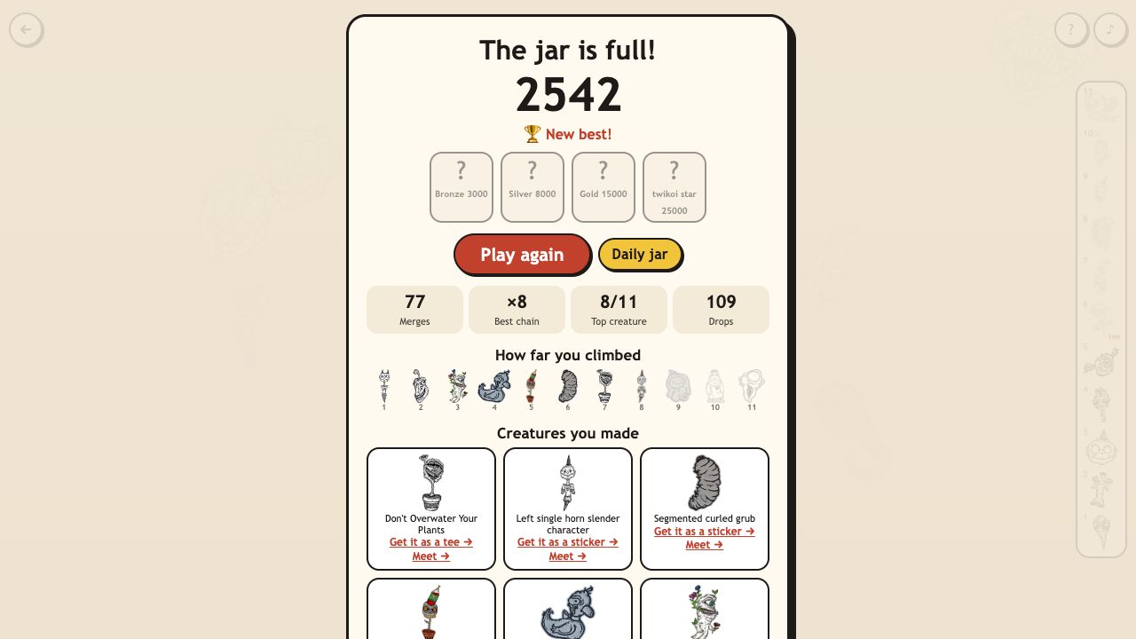 Creep Merge: the end card with score, medals, how far you climbed and the creatures you made