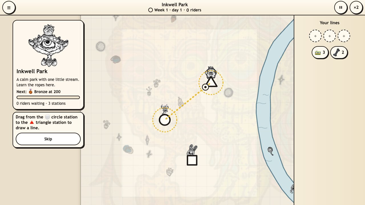 Creep Metro: the lesson in Inkwell Park, a dotted ring around the circle and triangle stations