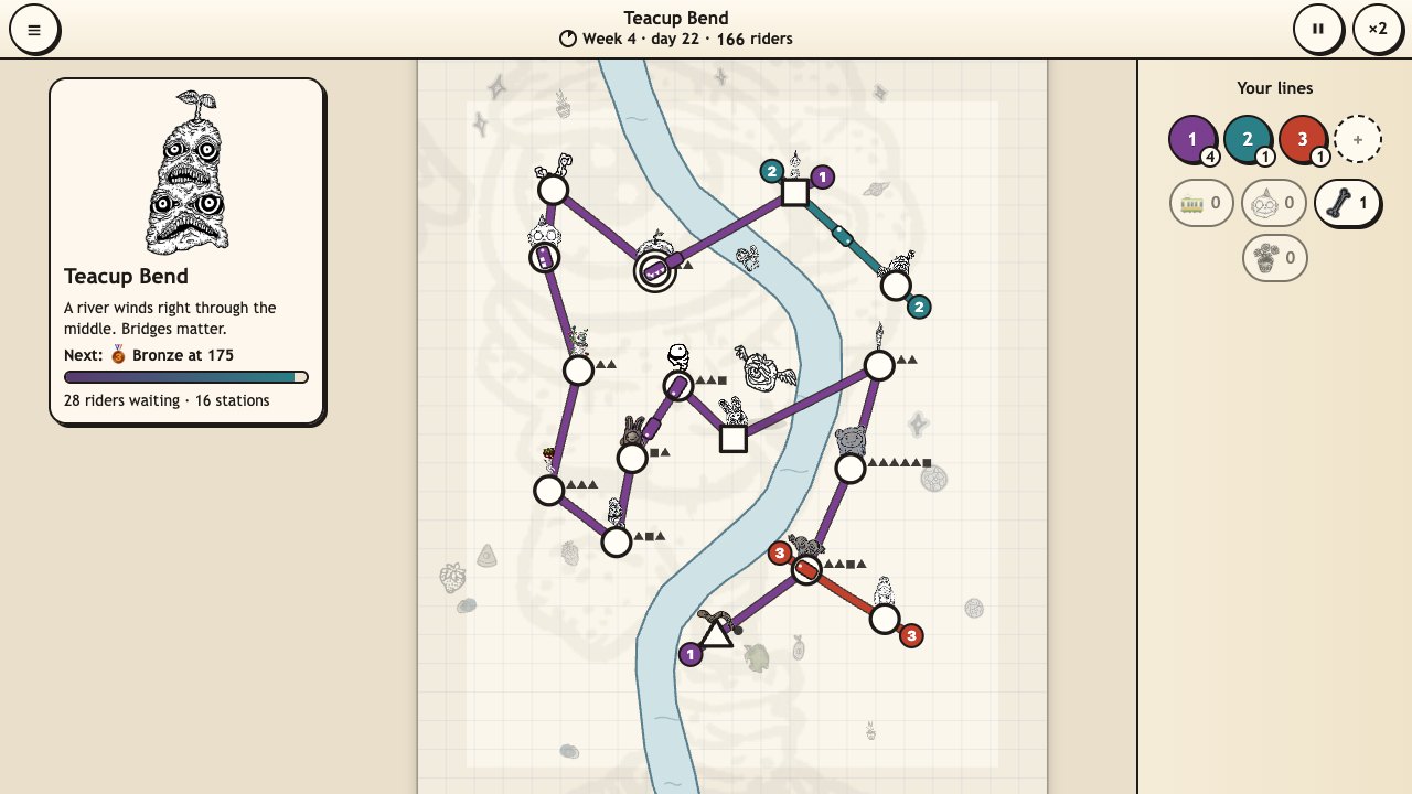 Creep Metro: three ink lines joining her creatures' stations across a winding river