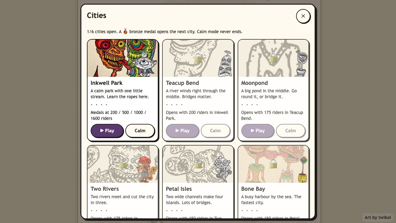 Creep Metro: the cities page with six cities, each with her poster, her host creature and medals