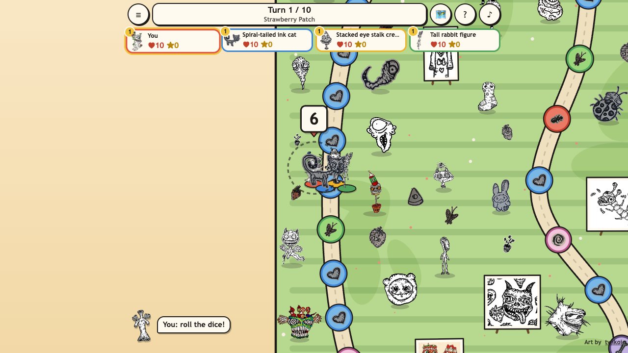 Creep Party: four of her creatures on the Strawberry Patch board, the dice block over one of them