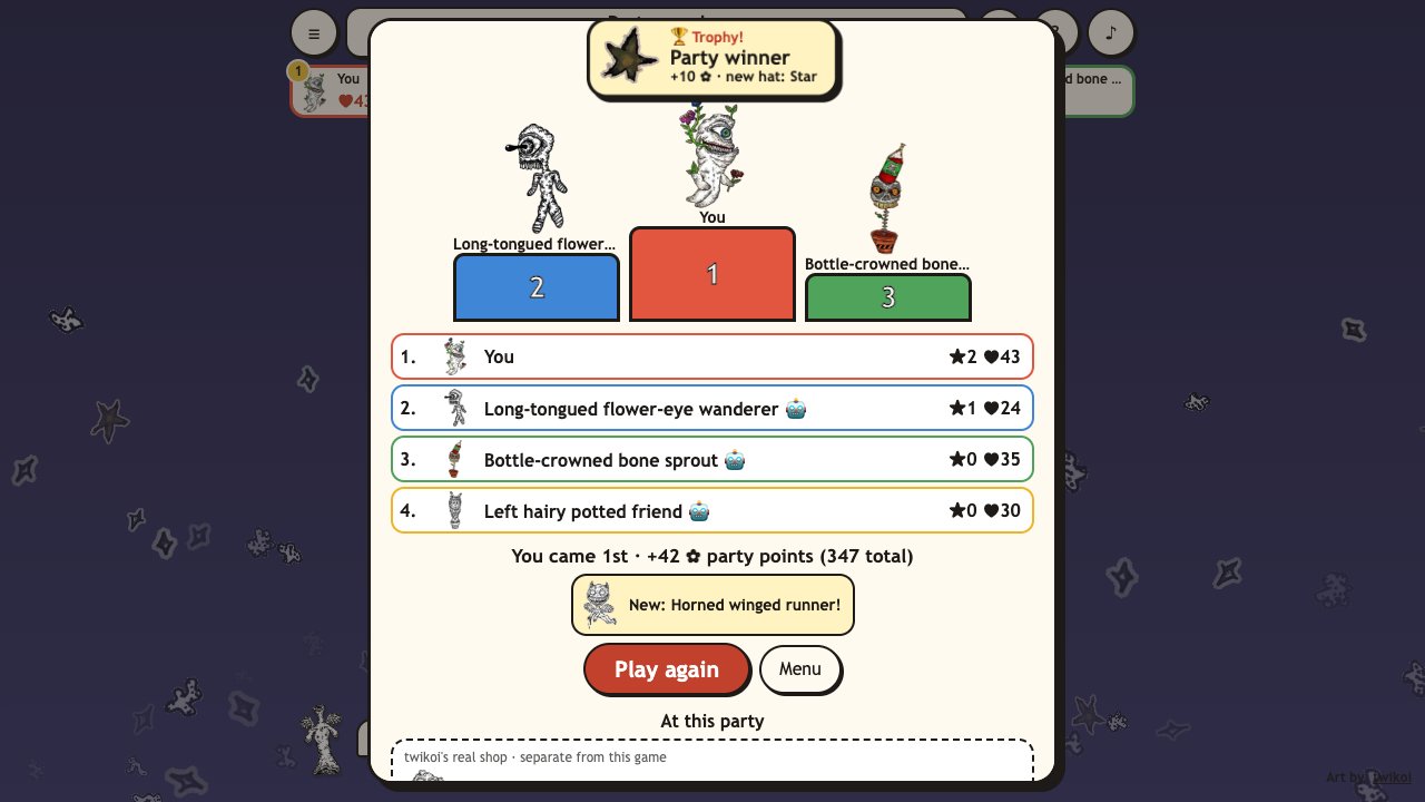 Creep Party: the end of a party, three creatures on a podium and the final standings