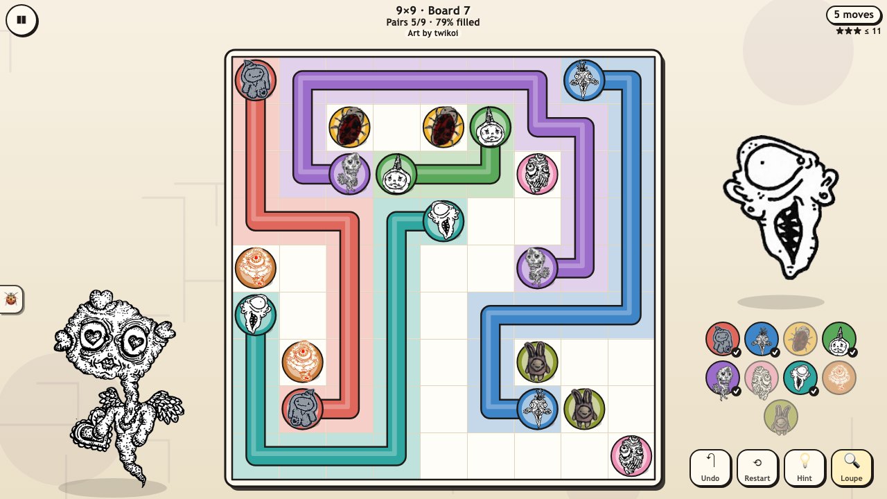 Creep Paths: a 9 by 9 board half solved, thick coloured ink lines joining pairs of her creatures, the pair strip and tools beside it