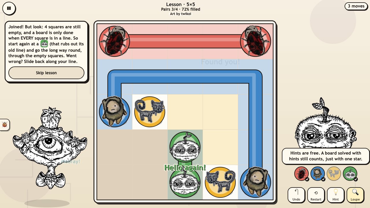 Creep Paths: the lesson board, where two creatures side by side are joined the short way and four squares are still empty
