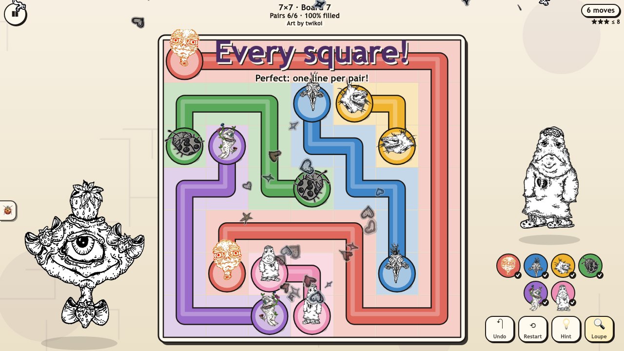 Creep Paths: a solved board, every square filled with ink lines, her creatures hopping and confetti falling