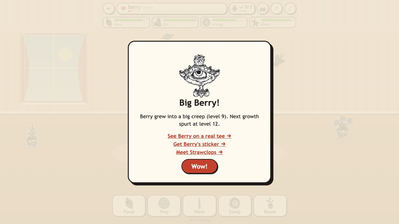 Creep Pet: a growth card reading Big Berry with links to see the pet on a real tee