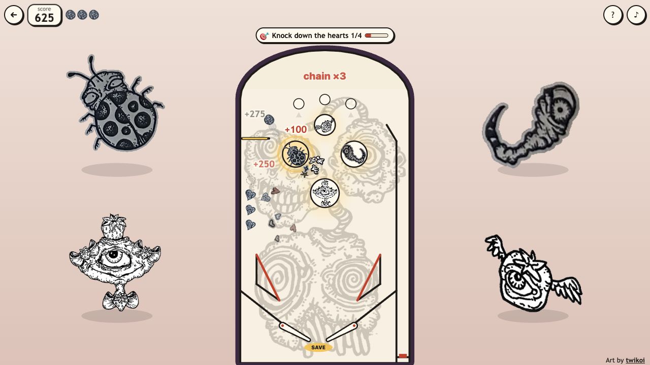 Creep Pinball: the table with three creature bumpers, a chain ×3 and a heart mission at the top