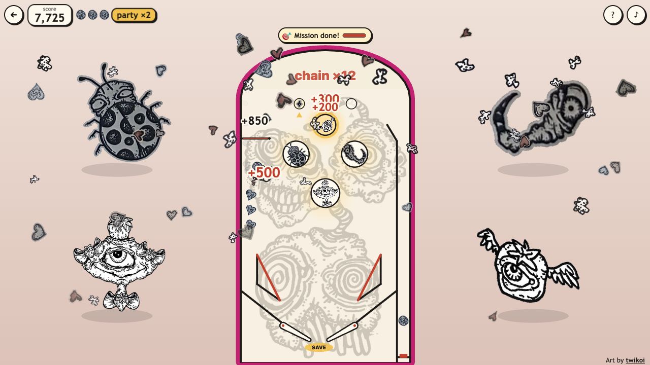 Creep Pinball: the table glowing pink during a creature party with score pop-ups