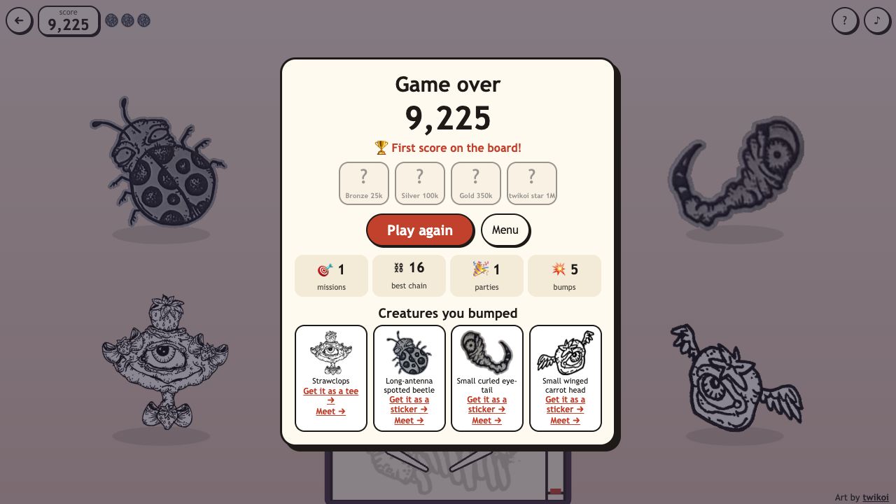 Creep Pinball: the game over card with score, medals and the creatures you bumped