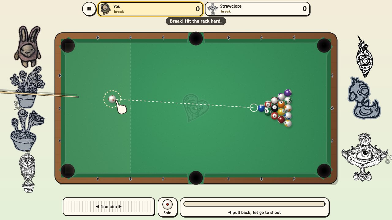 Creep Pool: an 8-ball rack on green felt, the cue lined up behind the cue ball, twikoi's creatures sitting on the wooden rails