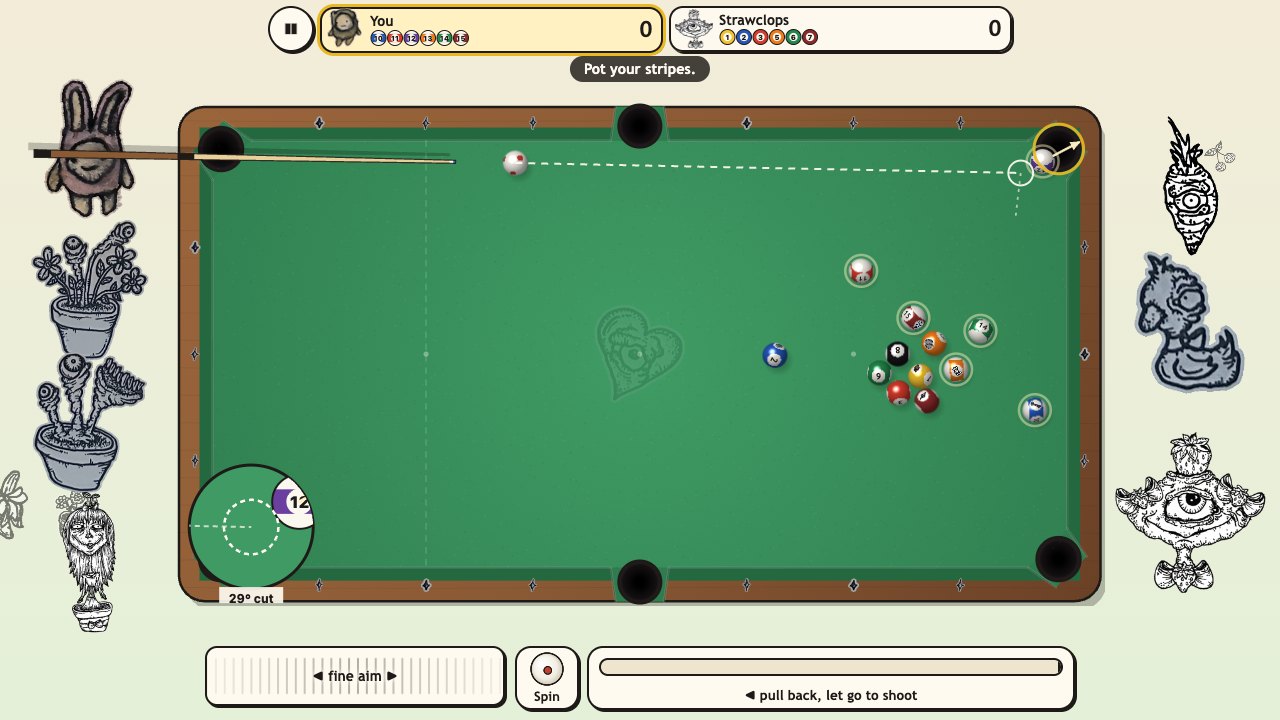 Creep Pool: the aim guide with a see-through ghost ball, the object ball's line glowing into a corner pocket, and a magnifier showing the cut