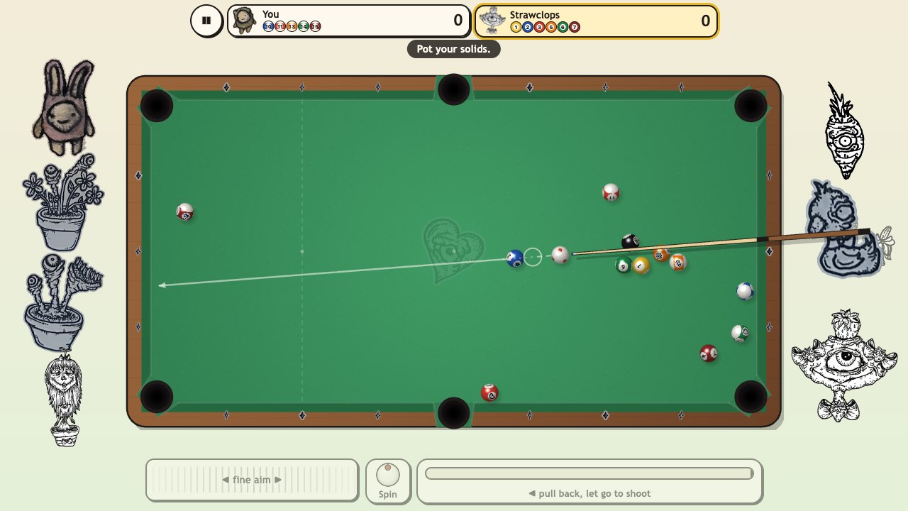 Creep Pool: a wide table framed by her creatures on both sides, the rival watching from the right