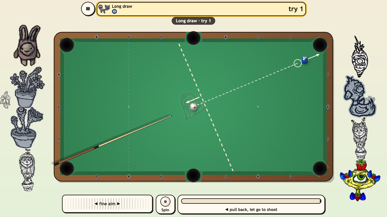 Creep Pool: the Long draw trick shot set by Spiral-tailed ink cat, a dashed line the cue ball must be drawn back over