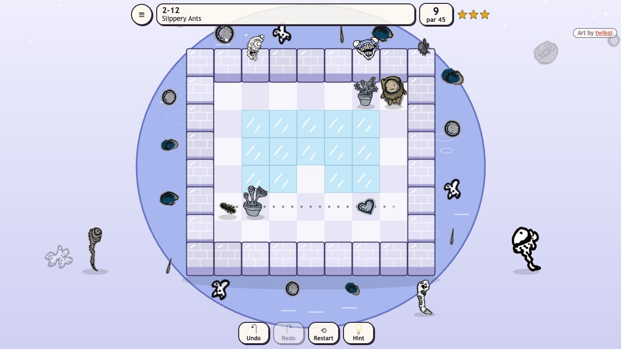 Creep Push: Frosty Pond, an ice rink of pale blue tiles, a pot sliding and one of her ants walking its dotted trail