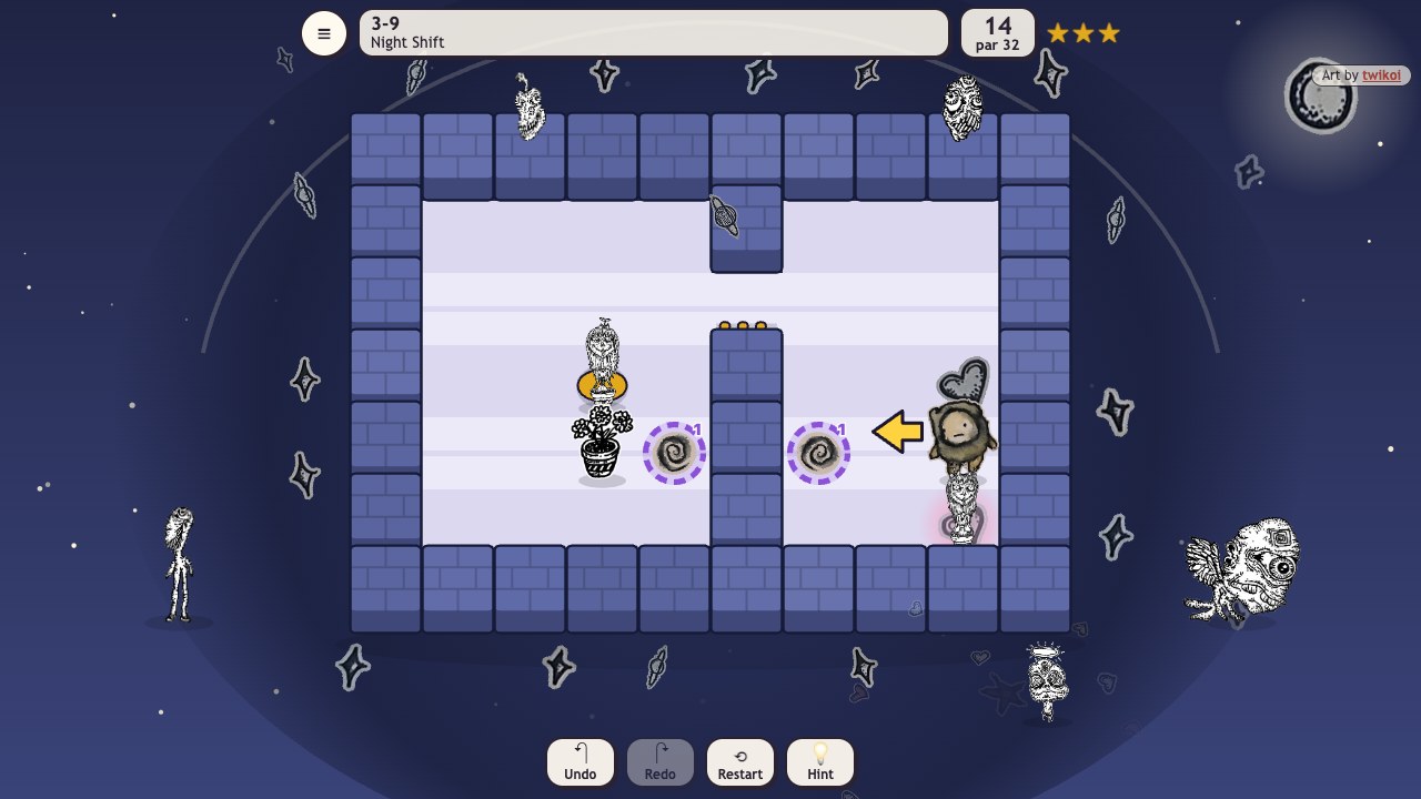 Creep Push: Portal Patch at night, swirling portals, a yellow pressure plate and door, and a yellow hint arrow next to the hero