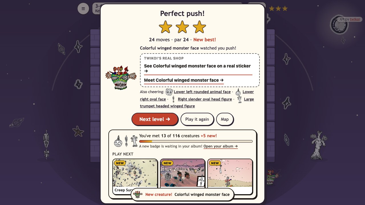 Creep Push: the level-complete card with three gold stars, the guest creature and links to her real shop