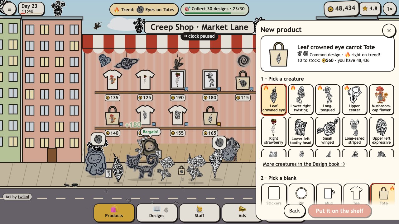 Creep Shop Tycoon: the product maker, with a grid of her creatures, a row of blanks and a tote with her drawing on it