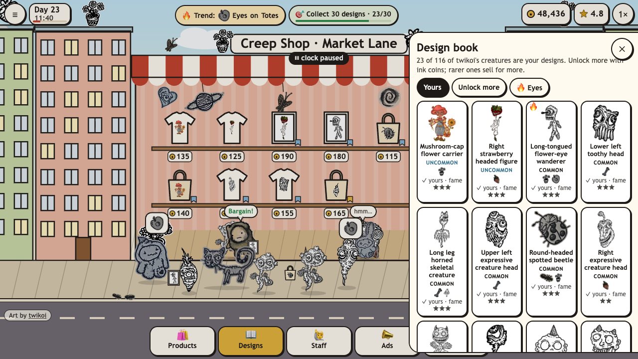 Creep Shop Tycoon: the design book, a grid of her creatures with their styles and fame
