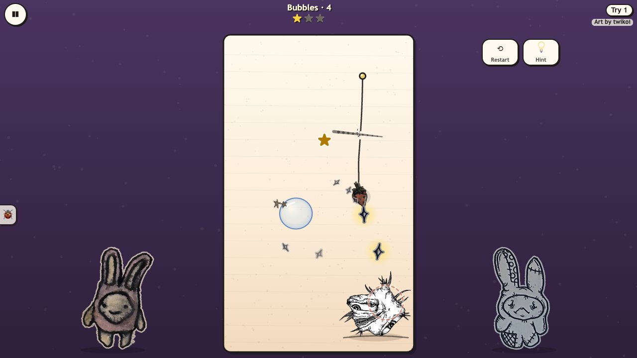 Creep Snack: a finger's ink trail slices a thread; the strawberry swings toward a star while a bubble waits and a spiky creature watches from the bottom of the page