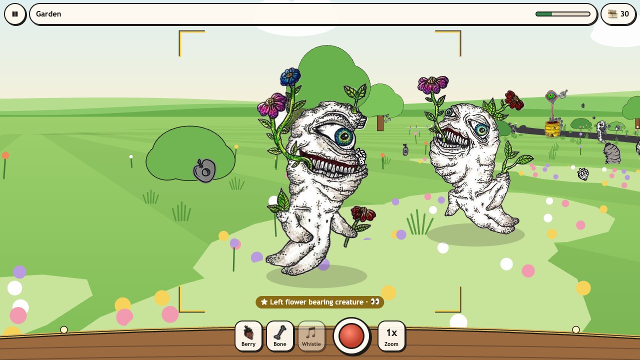 Creep Snap: the Garden ride, her two flower bearing creatures standing in a flower patch inside the camera's square