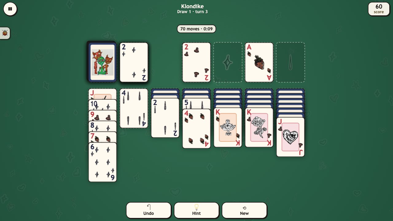 Creep Solitaire: a Klondike game with seven columns of cards, her strawberries, hearts, stars and ink drops as pips and her creatures on the court cards