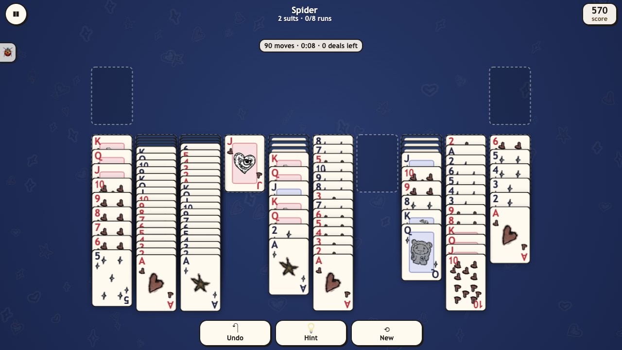 Creep Solitaire: a Spider game with ten columns of cards in two suits, a finished King-to-Ace run set aside