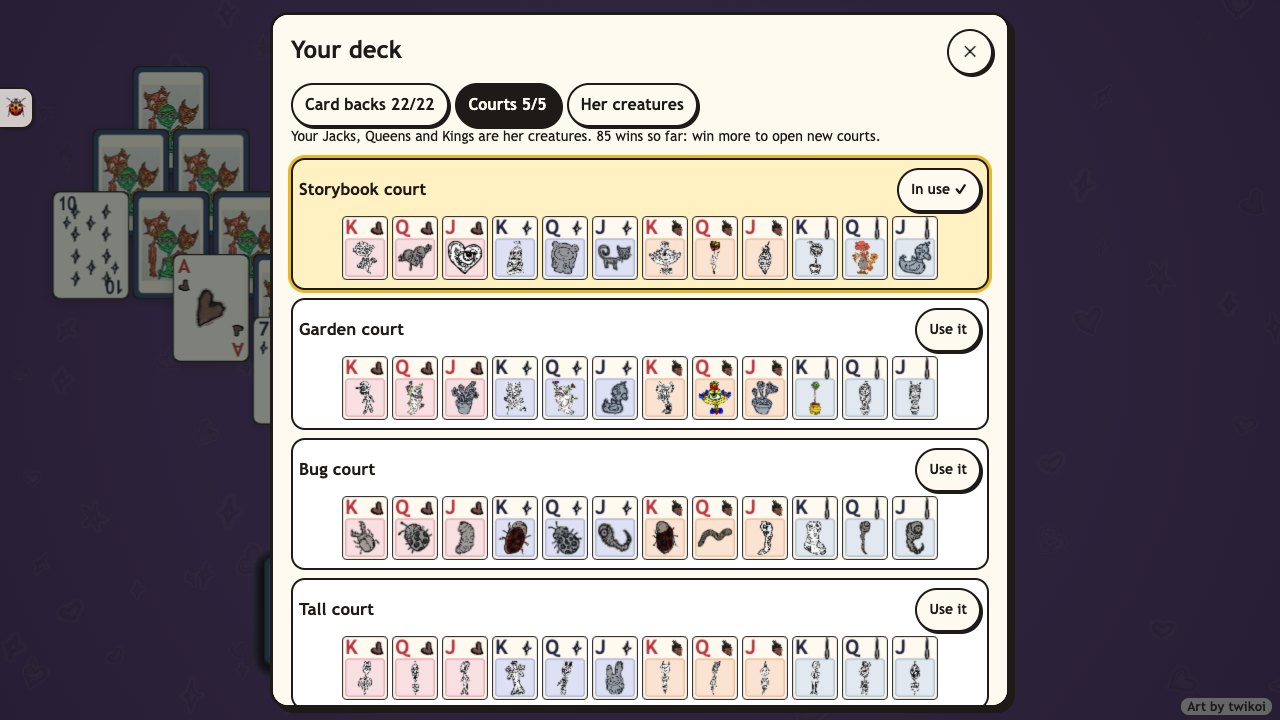 Creep Solitaire: the deck screen showing courts of twikoi's creatures as Jacks, Queens and Kings