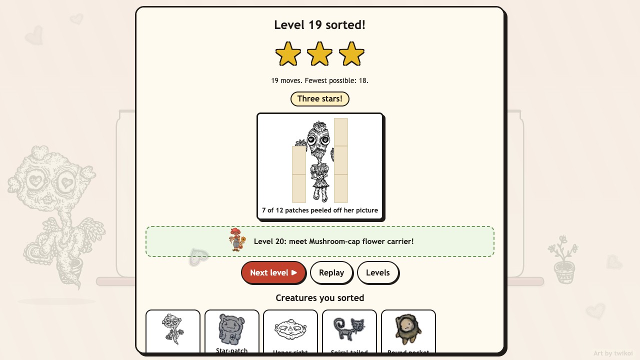 Creep Sort: the level sorted card with three stars, one of her pictures with paper patches peeling off, and the next creature waiting