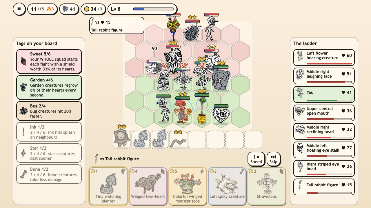 Creep Squad on a computer: two squads of twikoi's creatures fighting on a hex board, an ability name over a creature, the tags panel on the left and the ladder on the right