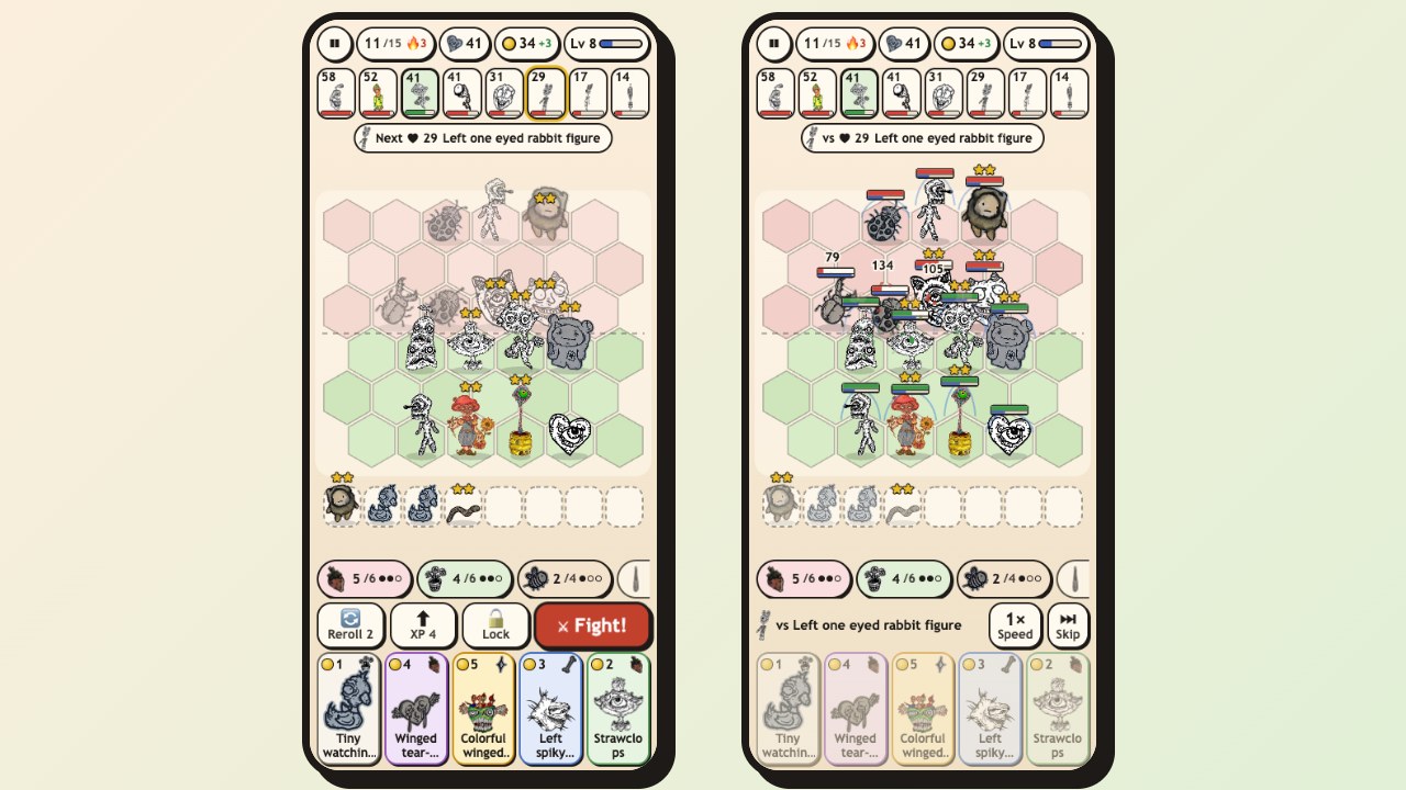 Creep Squad on two phones: the shop of five creatures, the bench and the board on one, a fight on the other