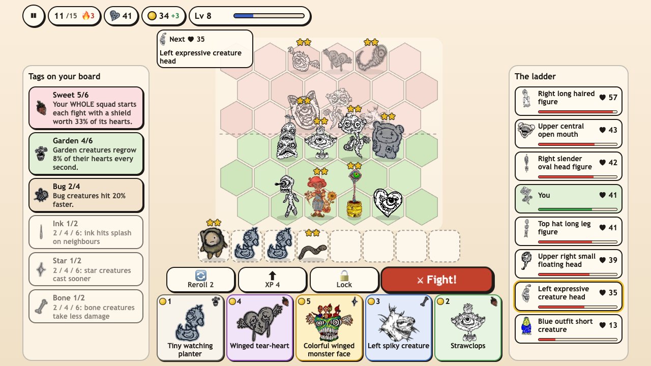 Creep Squad: a squad with Ink, Star, Sweet and Bone tags turned on, next to the shop and the ladder of 8 squads