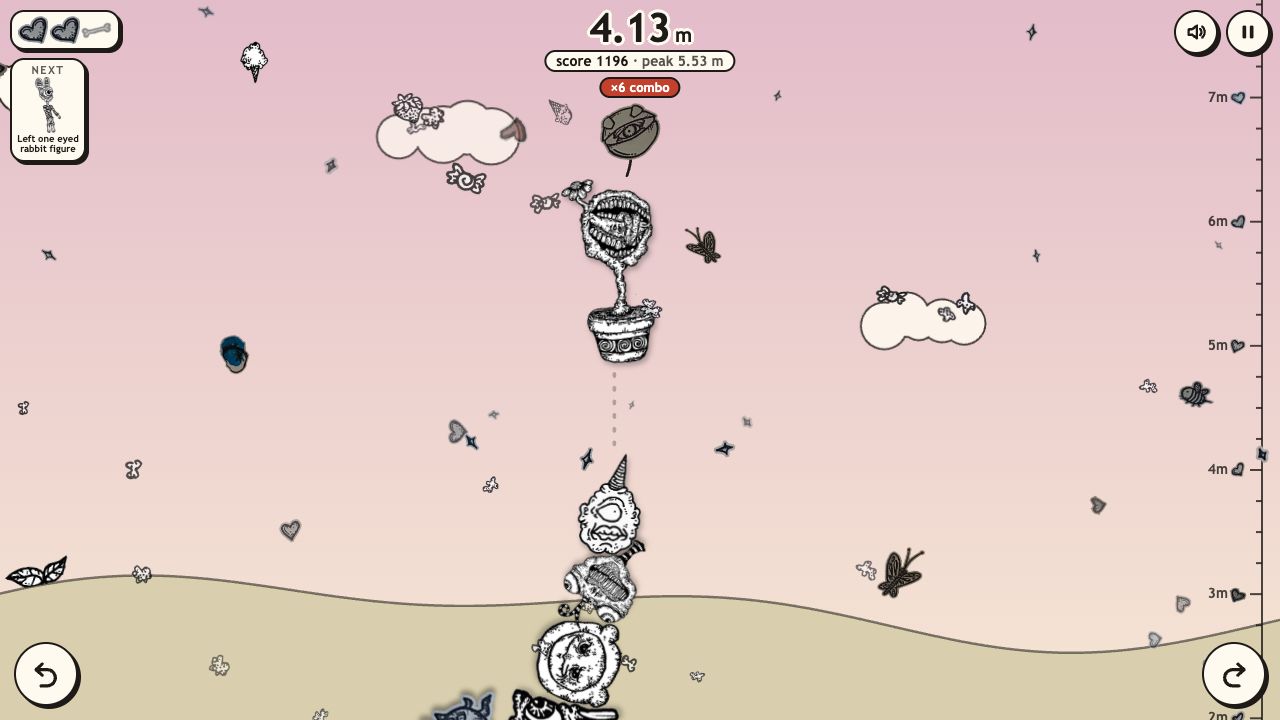 Creep Stack: a creature tower 4 metres high with a combo counter and the next creature hanging above