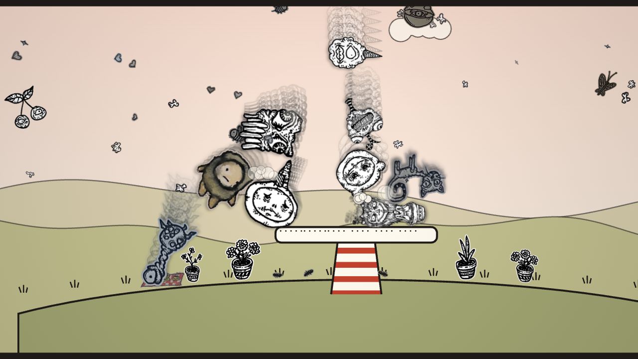 Creep Stack: the tower toppling, creatures flying off the platform with motion trails