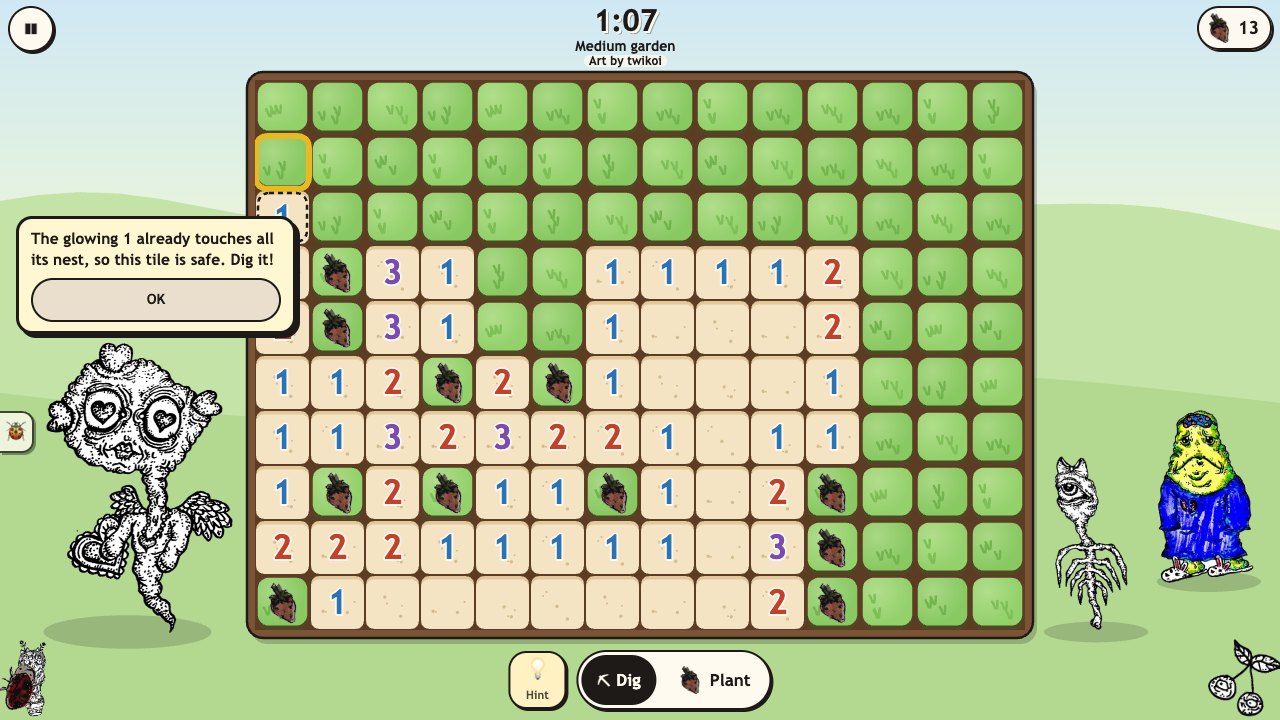 Creep Sweeper: a Medium garden in progress with a hint showing which tile is a nest and the two numbers that prove it