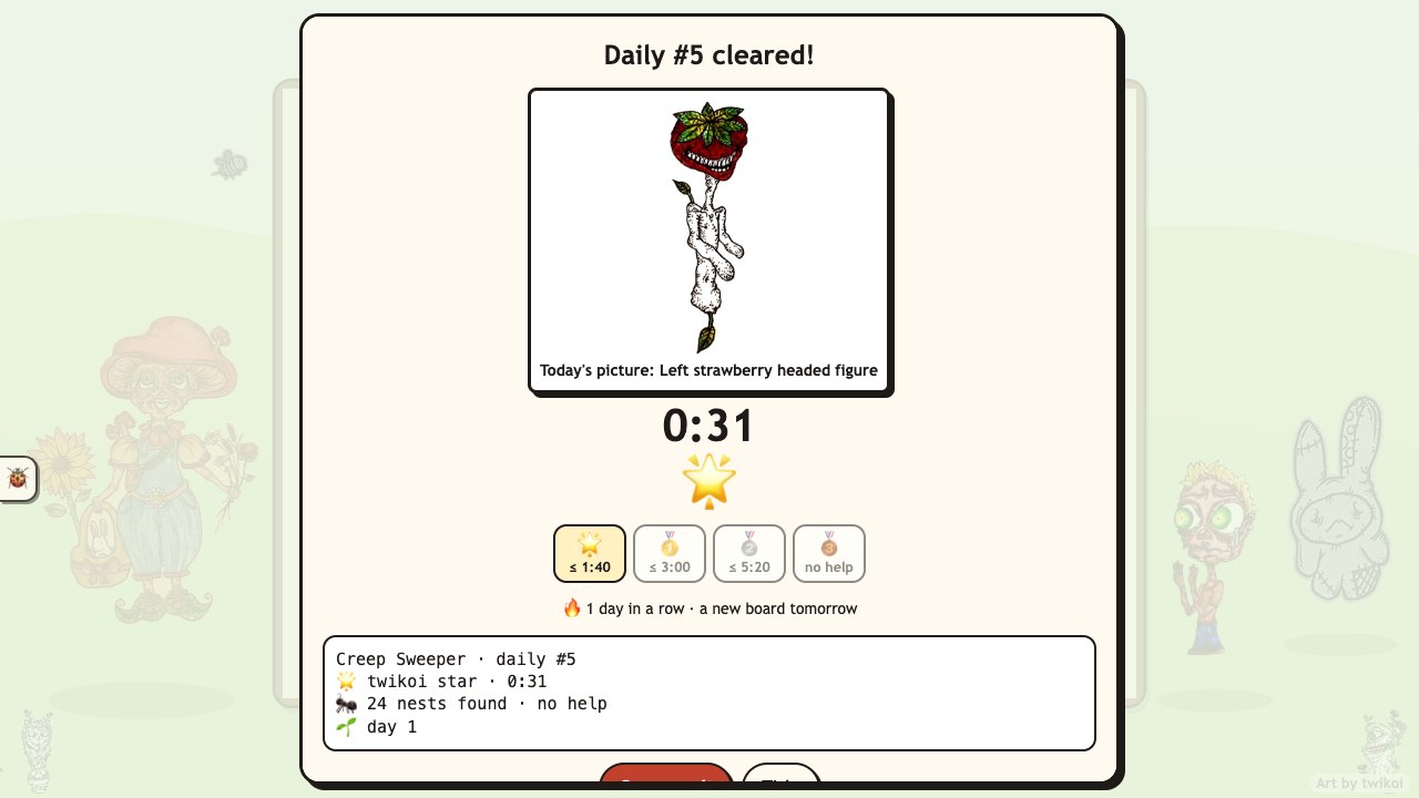Creep Sweeper: the daily board result with a medal, the time, today's picture and a result to share