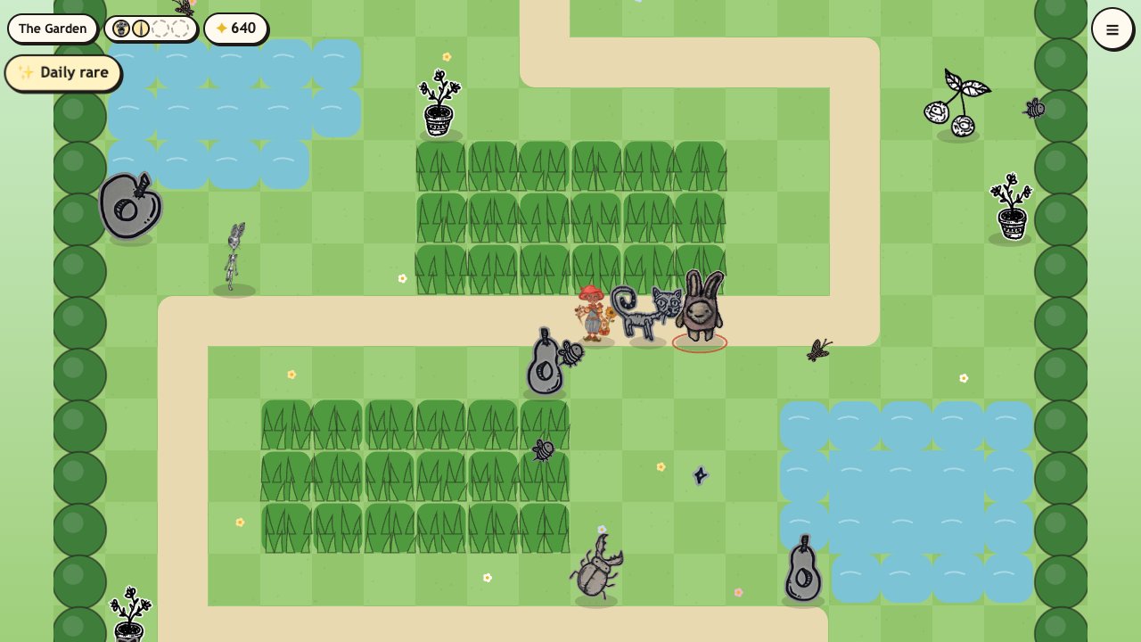 Creep Tamer: your creature and two followers walk past tall grass and a pond in The Garden