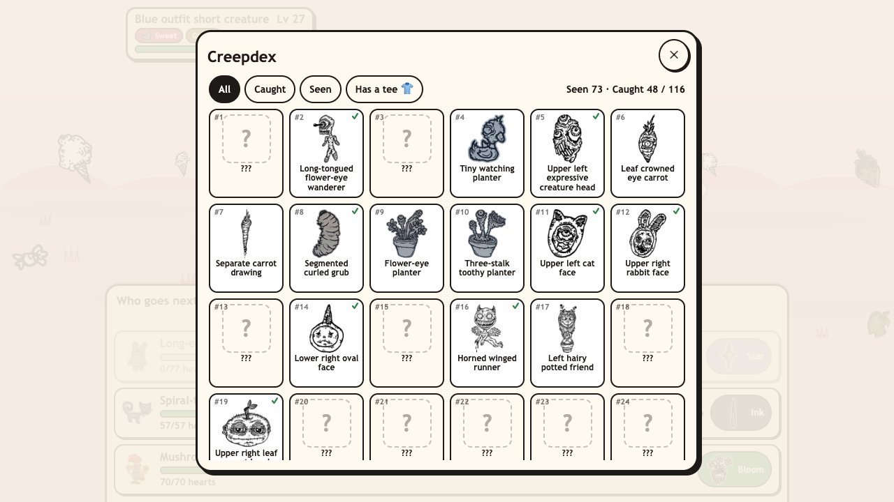 Creep Tamer: the Creature Book grid of her creatures, seen and caught