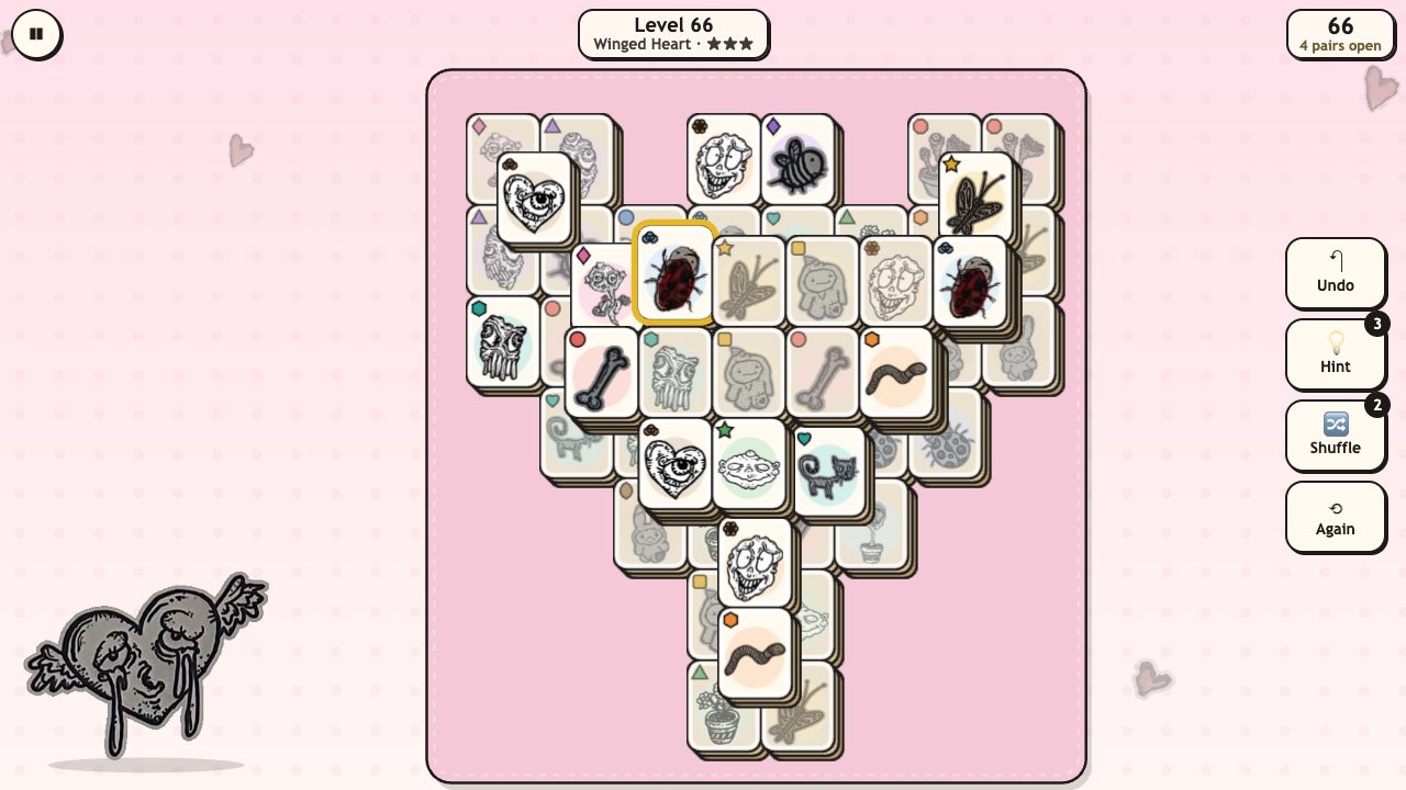 Creep Tiles: a table shaped like a winged heart, stacked cream tiles with twikoi's creatures, one tile lifted with a gold glow, blocked tiles faded