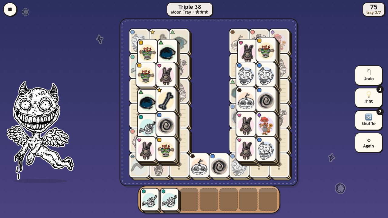 Creep Tiles: Triple tiles on a moonlit table, shy tiles hidden under paper, two tiles waiting in the tray of seven