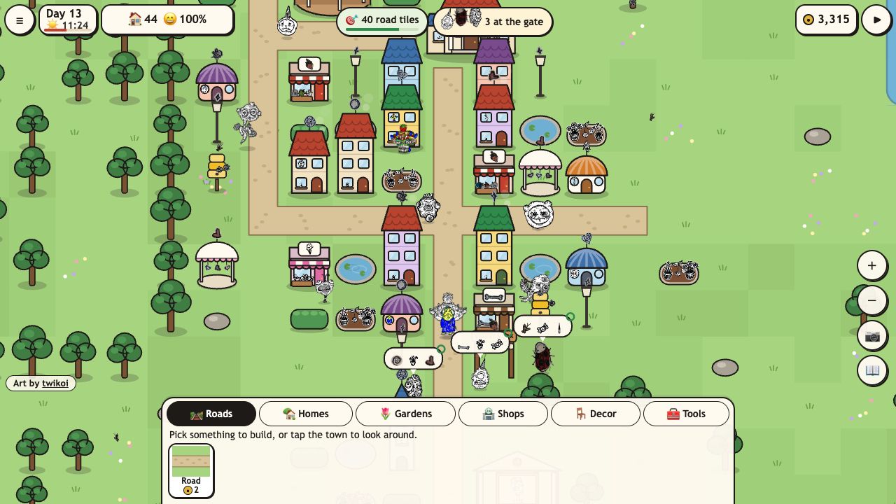 Creep Town: a sunny town with houses, shops and gardens, and three visitors at the gate with wish bubbles showing her motifs