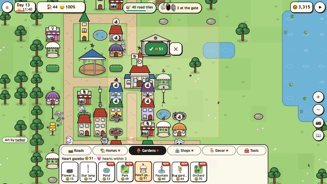 Creep Town: placing a heart gazebo, with a glowing square showing its reach and little bubbles over the homes it would please
