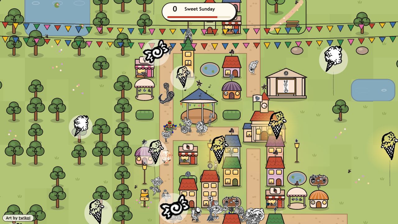 Creep Town: a festival on the town square, her ice creams and wrapped sweets floating up over the bandstand under bunting
